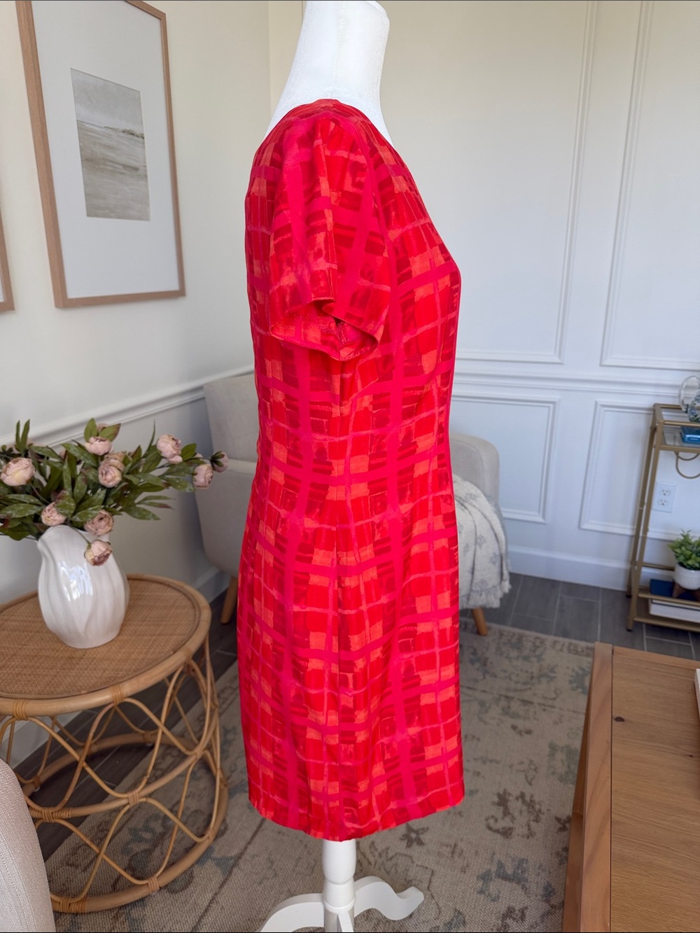 Vintage 90s Y2K Artsy Tomato Red Rayon Italian Summer Resort Dress Size 8 - Picture 3 of 13